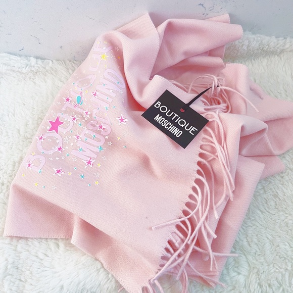 Authentic Moschino XL Merino Wool Baby Pink Pastel Star Logo Scarf - Picture 7 of 11
